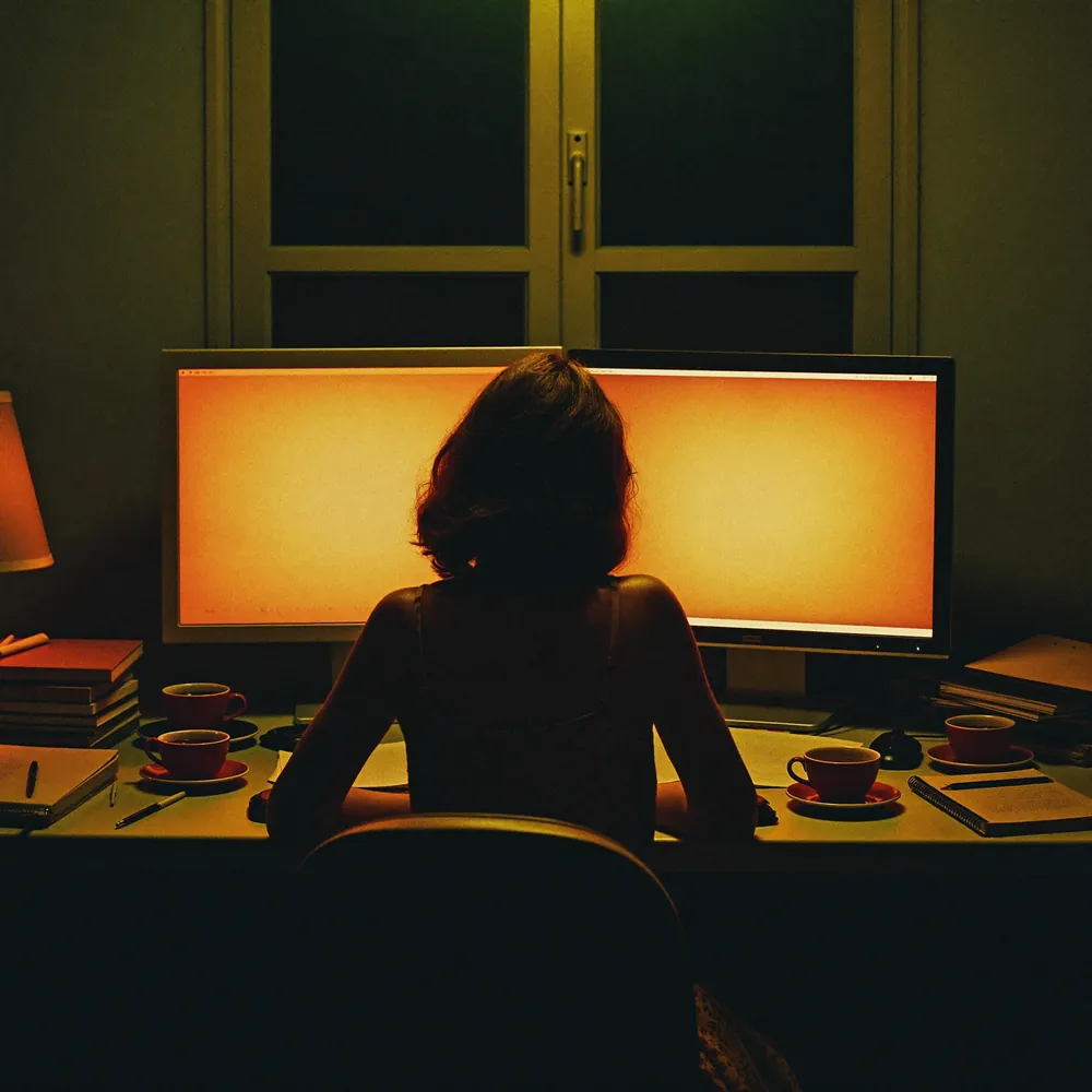 Mulher em frente a dois monitores estudando à noite, adiando o começo